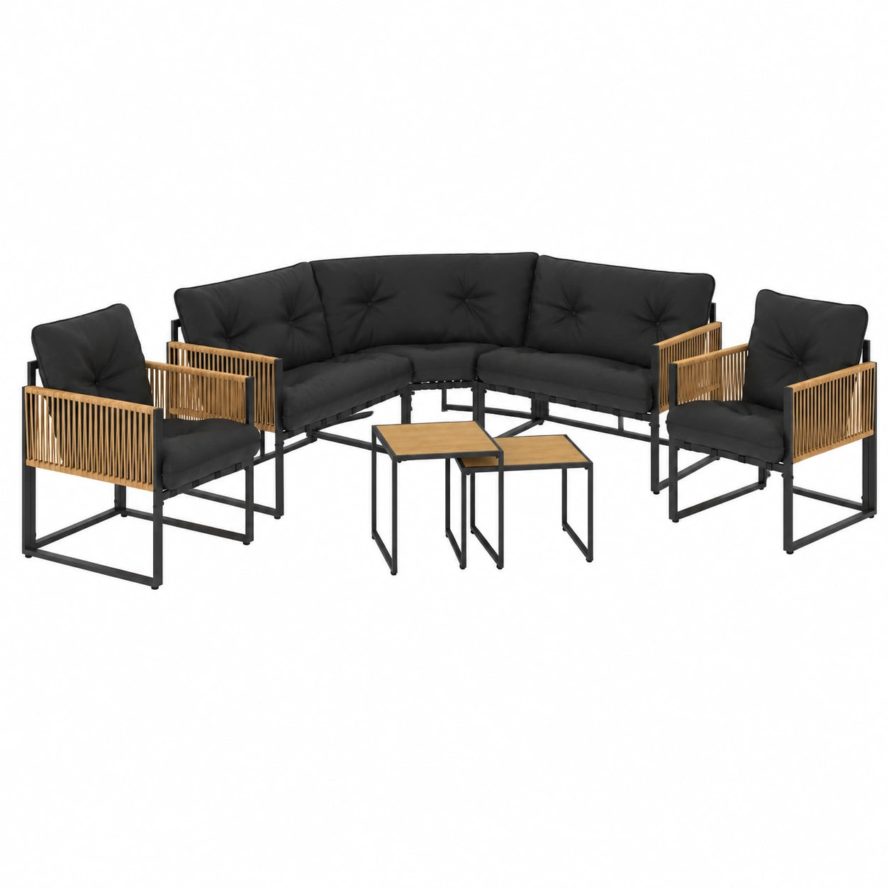 Salon de jardin, en métal et résine tressée, coloris noir, 8 places, pour la terrasse ou le jardin