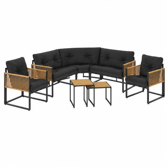 Salon de jardin, en métal et résine tressée, coloris noir, 8 places, pour la terrasse ou le jardin