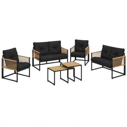 Salon de jardin, en métal et résine tressée, 6 places, coloris noir, pour la terrasse ou le jardin