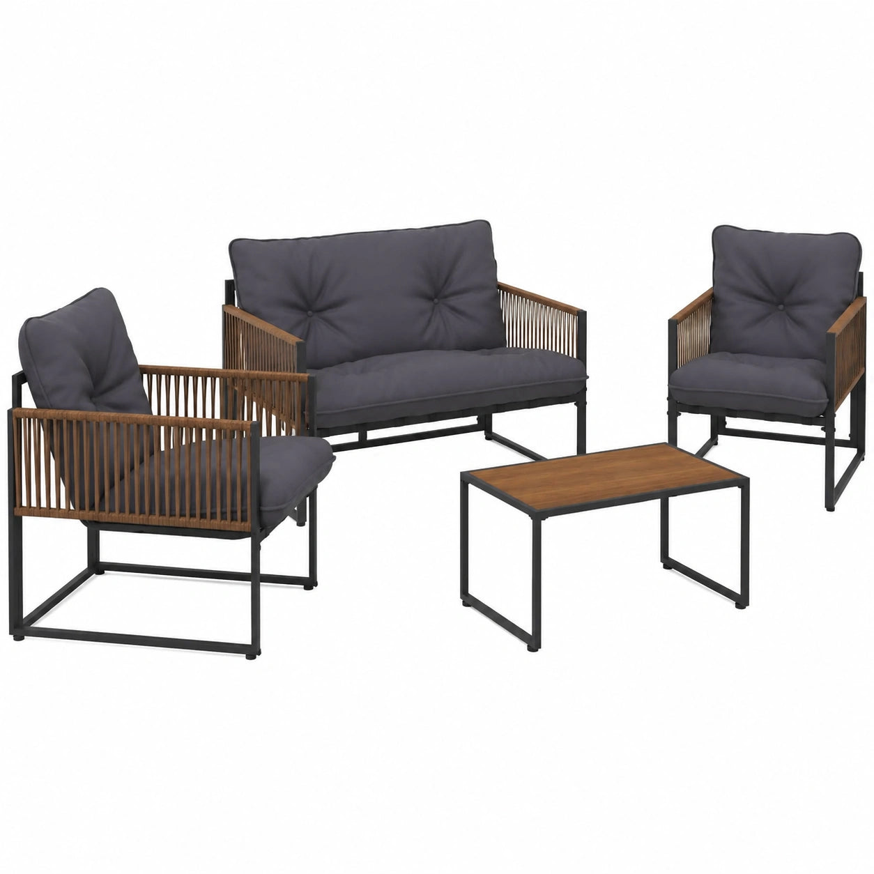 Salon de jardin, en métal et résine tressée, 4 places, coloris gris et anthracite, pour la terrasse ou le jardin