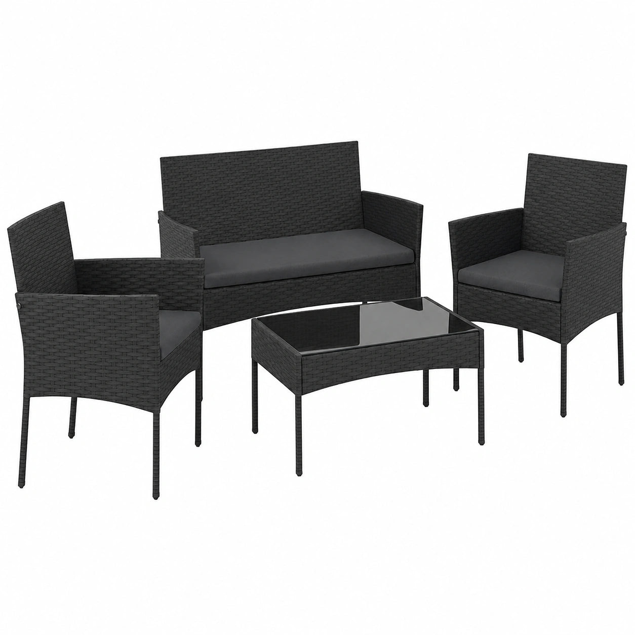 Salon de jardin, 2 places, avec 2 fauteuils, en verre trempé, coloris noir, pour la terrasse ou le jardin