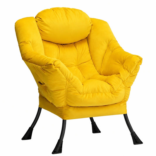 Fauteuil relax, en acier et velours, coloris jaune, pour le salon