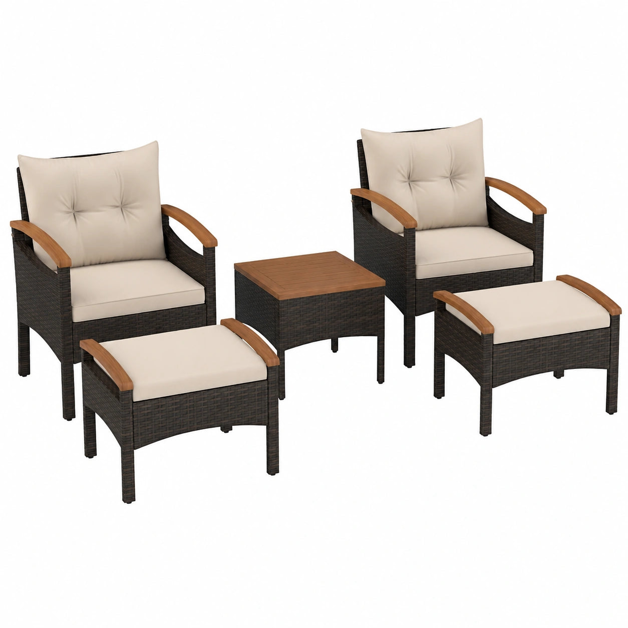 Salon de jardin, 5 pièces, avec 2 fauteuils, en résine tressée, coloris beige, pour la terrasse ou le jardin